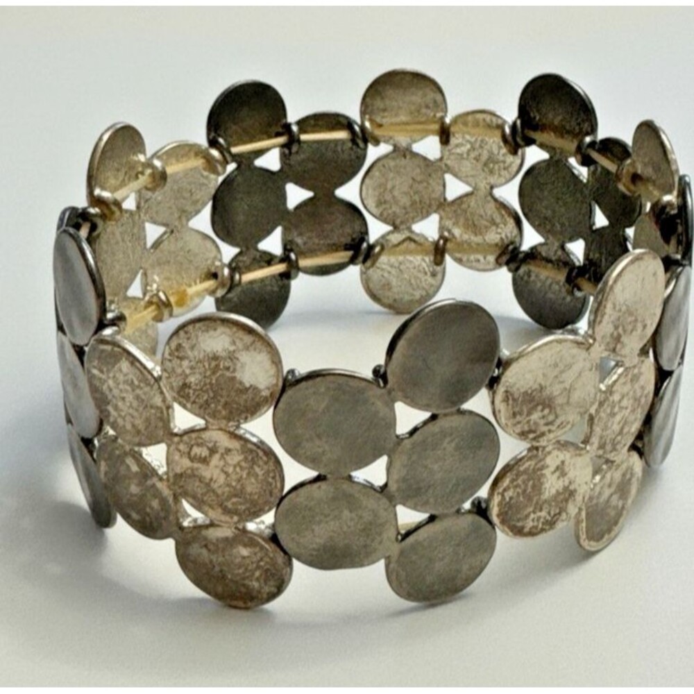Silver Tone Disc Panel Stretch Bracelet Wide Mod Retro  Description Wide stretch